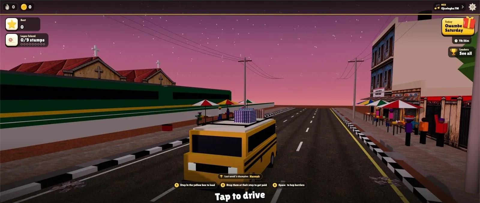 Danfo Run: a yellow danfo bus on a Lagos street at dusk
